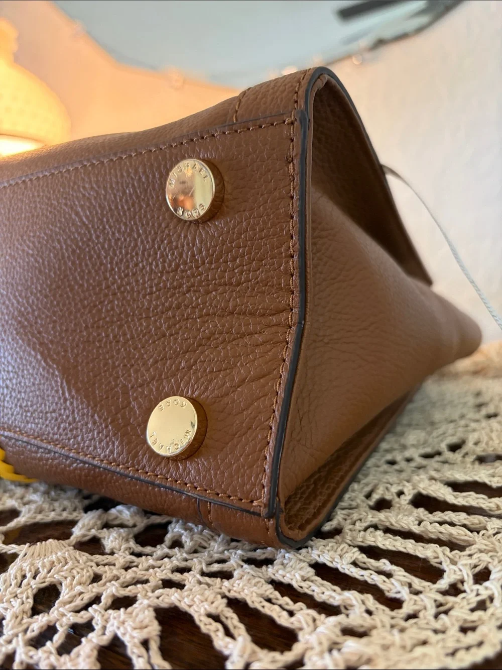 Michael Kors Brown Handbag with Yellow Woven Stripes